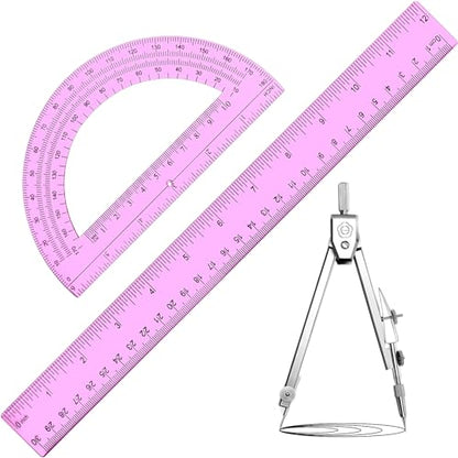 Zonon 3 Pcs 12" Clear Plastic Ruler 6 Inch Protractor Compass Set, Pink - color: Pink, size: 12 Inch