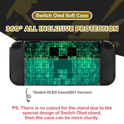 DLseego My World MC Protective Case for Switch OLED New Model, Dockable Soft Shell Cute Cover Case for Joycon Controller with 4PCS Thumb Grips Caps - Green OLED - color: Green OLED