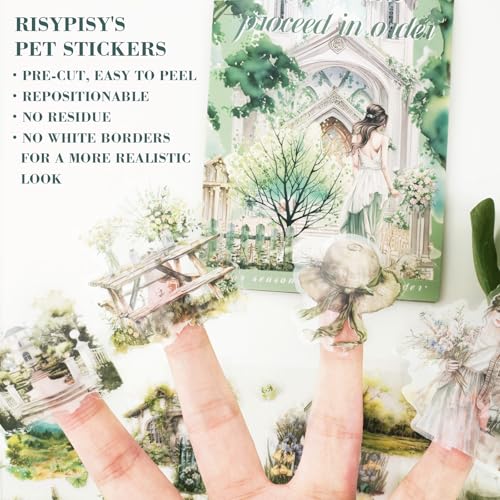 Spring Theme Journal Stickers - 20 Sheets Precut PET Tape Stickers for Junk Journal, Planner, Scrapbooking & Art Collage - color: Green