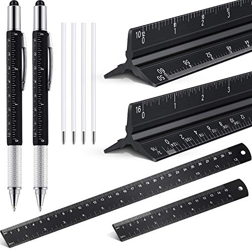 Weewooday 10 Pieces 12 Inch Architectural Scale Ruler Aluminum Triangular Engineering Ruler Scale with 6 in 1 Multitool Pen Ballpoint Pen for Architects, Draftsman, and Engineers