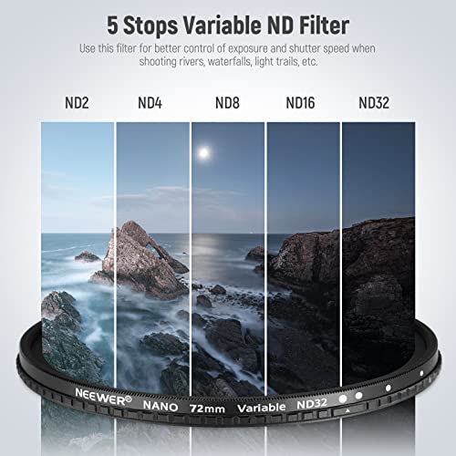 NEEWER 72mm HD Variable ND Filter ND2-ND32 (1-5 Stops) No X Cross/Optical Glass/30 Layer Nano Coated/Ultra Slim Aluminum Alloy Frame/Water Repellent/Anti Scratch Adjustable Neutral Density Filter - size: 72mm, style: HD ND2-ND32