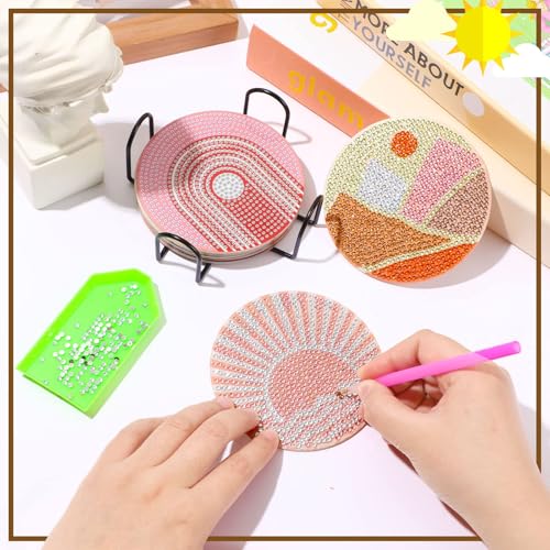 UPINS 8Pcs Boho Diamond Art Painting Coasters for Drinks - color: Bohemia Brown White
