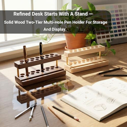 Pen Holder for Desk, Pencil Organizer, Fountain Pen Display Stand - color: Double-row - Walnut