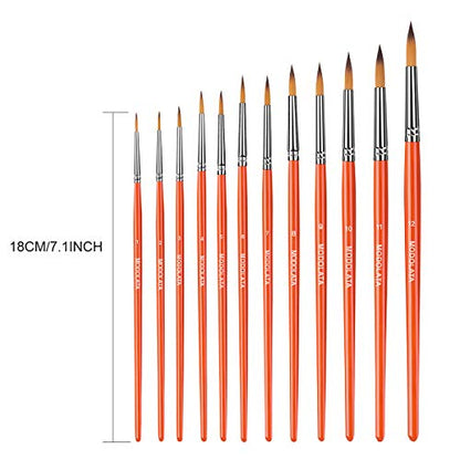 Watercolor Paint Brushes Set - 12Pcs Round Pointed Painting Brush for Acrylic, Gouache, Oil, Artist, Miniature, Model - Short Handle