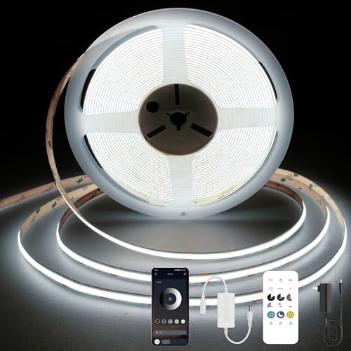 COB LED Strip Light 6000K, 24ft Dimmable White LED Strip Light, CRI92+, DC24V Tape Light with RF Remote, Timer Function, Bluetooth App Control for Home Bedroom Kitchen DIY Lighting. - color: 6000K, size: 24FT