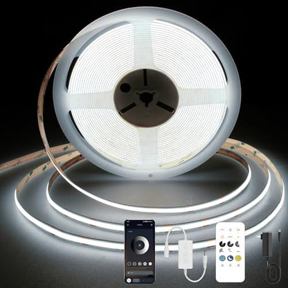 COB LED Strip Light 6000K, 24ft Dimmable White LED Strip Light, CRI92+, DC24V Tape Light with RF Remote, Timer Function, Bluetooth App Control for Home Bedroom Kitchen DIY Lighting. - color: 6000K, size: 24FT