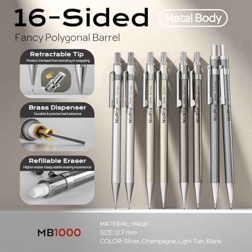 Nicpro 8 Pack Mechanical Pencil 0.7mm, MB1000 Metal Mechanical Pencil Set - style: 8 Pack （0.7mm）