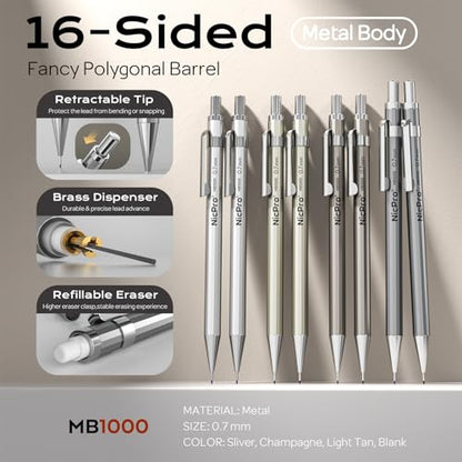 Nicpro 8 Pack Mechanical Pencil 0.7mm, MB1000 Metal Mechanical Pencil Set - style: 8 Pack （0.7mm）