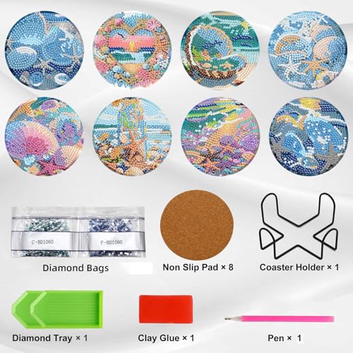 Ekuxom 8 PCS Beach Diamond Art Coasters Kits with Holder - color: Beach-2
