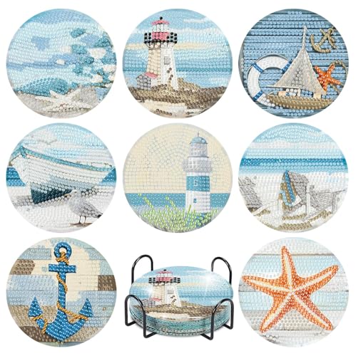 askkqtx 8 Pcs Beach Diamond Art Coasters Kits with Holder 4X4 Inch - color: Coasters-bdwy210