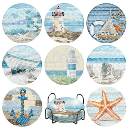 askkqtx 8 Pcs Beach Diamond Art Coasters Kits with Holder 4X4 Inch - color: Coasters-bdwy210