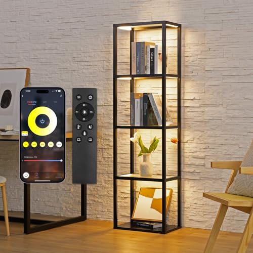 Large Glass Display Shelf with Remote/APP Control, Curio Cabinet for Collectibles with Light, Modern Shelf Floor Lamp with Adjustable Color Temps for Living Room, Bedroom