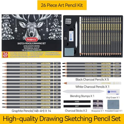 KALOUR 26-Piece Professional Sketch Pencil Set, 4H to 14B Graphite Pencils