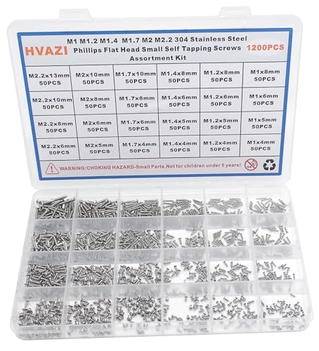 1200PCS M1-M2.2 304 SS Phillips Flat Head Tiny Self Tapping Screw Kit - size: M1 M1.2 M1.4 M1.7 M2 M2.2