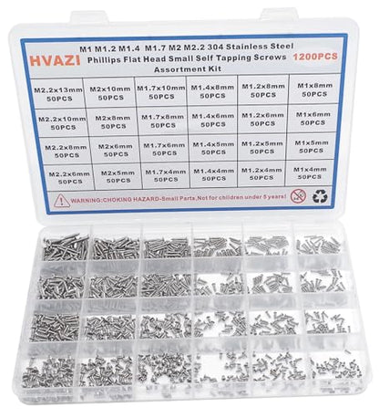1200PCS M1-M2.2 304 SS Phillips Flat Head Tiny Self Tapping Screw Kit - size: M1 M1.2 M1.4 M1.7 M2 M2.2