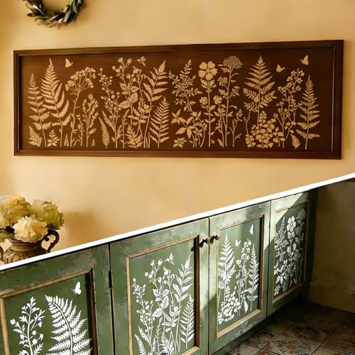 Botanical Wall Stencil Kit for Painting - Large Reusable Plastic Fern, Leaf & Flower Templates, 6 Pack DIY Seamless Stencils for Crafts, Canvas & Home DéCor Art - size: 14.5in x 11in