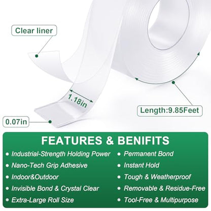 Double Sided Heavy Duty Nano Mounting Tape 1.18" x 120"（2 Rolls,Total 20FT) - size: 120Inch Long