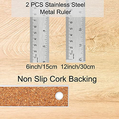 Metal Ruler with Cork Backing, 6 Inch & 12 Inch, Non-Slip Straight Edge - style: 6+12 Inch