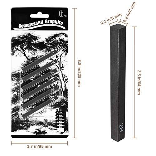 MyLifeUNIT Compressed Graphite, Square Drawing Pencils for Artists, Pack of 6 (2H, HB, 2B, 4B, 6B and 8B)