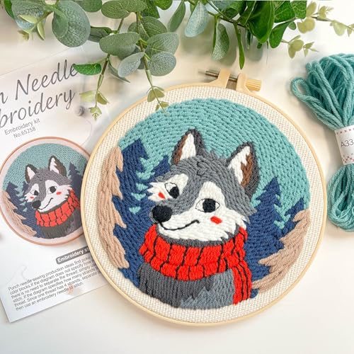 Myfelicity Punch Needle kit, a Beginner Set with Wolf Pattern Design, Suitable for Beginners and Adults with 7.9-inch Hoop - color: wolf