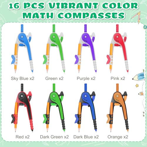 16 PCS Math Compass Geometry Math Set 6 Inch Plastic Drawing Compass with Pencils Multicolor for Math Student Classroom School Office Woodworking Art Drawing Studying - style: 16 Pack