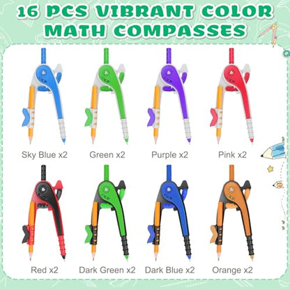 16 PCS Math Compass Geometry Math Set 6 Inch Plastic Drawing Compass with Pencils Multicolor for Math Student Classroom School Office Woodworking Art Drawing Studying - style: 16 Pack