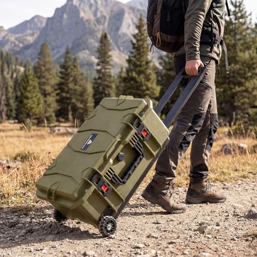 Weatherproof Hard Case, Stackable Trolley Case with Wheels, Hook and Loop Divider & Strap, IP67 Waterproof Box for Camera, Drones and Gear, 21.7" x 13.8" x 8.7", Olive Green - color: Olive Green