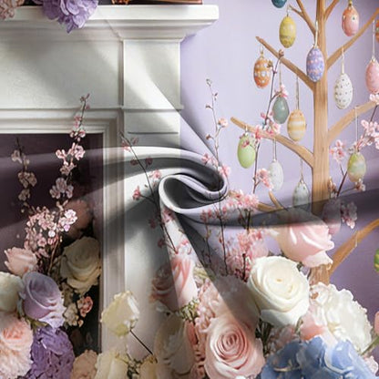 7x5FT Easter Backdrop Pastel Purple Floral Wall with Bunny Easter Eggs Background for Spring Themed Baby Birthday Shower Party Decor Vinyl