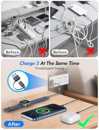1Pack Travel Essentials for Apple Watch Charger,3-in-2 Multi Charging Cable - color: Black, size: 1Pack-4FT