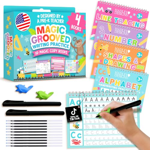 4 Grooved Writing Books for Kids 3-8 Large Reusable PreK Tracing Workbooks