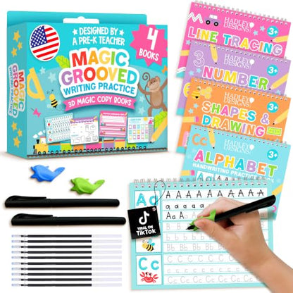 4 Grooved Writing Books for Kids 3-8 Large Reusable PreK Tracing Workbooks