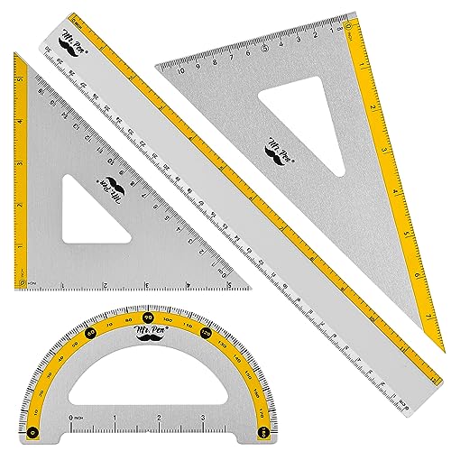 Mr. Pen- Metal Geometry Kit, 4 Pack, 45° & 30°/60° Set Squares - color: Yellow Stripes