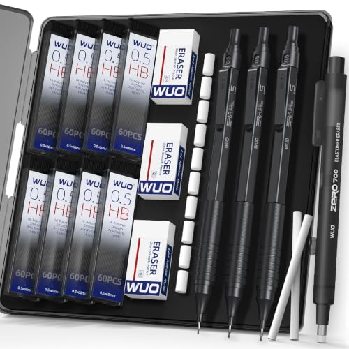 WUO 0.5mm Mechanical Pencil Set, 3 Pack Black Metal Drafting Pencils - color: Black, size: 0.5
