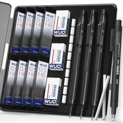 WUO 0.5mm Mechanical Pencil Set, 3 Pack Black Metal Drafting Pencils - color: Black, size: 0.5