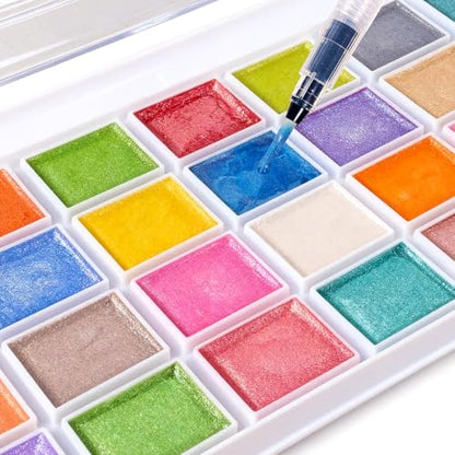 28 Metallic Colors Washable Watercolor Paint Set, with 2 Brushes Pen