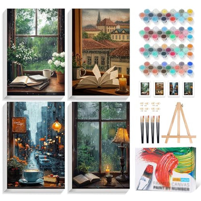 4 Pack Framed Paint by Numbers Kit for Adults Window View, Wooden Easel - color: YOP4P03