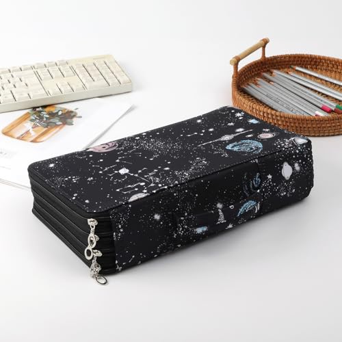300 Slots Canvas Pencil Case 4-Layer Zipped Holder w/Handle - color: Galaxy Black, size: 300