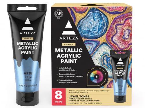ARTEZA Metallic Acrylic Paint, 8 Jewel Colors, 4.06 oz Tubes For Painting - style: 8 x 120ml (4.06 fl oz) Jewel