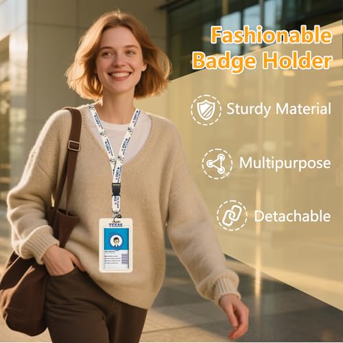 Texas ID Badge Holder with Lanyard, Texas Retractable Reel Clip & Keychain - color: Texas