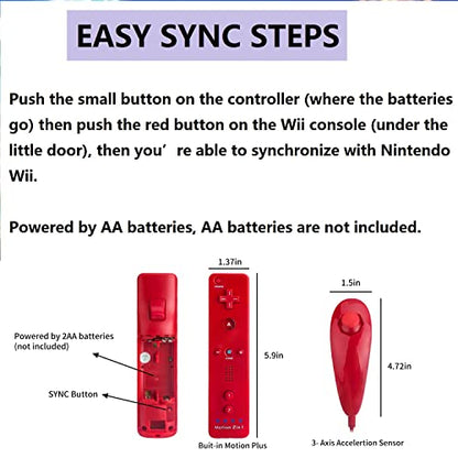 Motion Plus Wii Controllers 2Packs with Nunchucks, Wii Remote Controllers Compatible for wii and Wii U with Built in Motion Plus - color: red+red