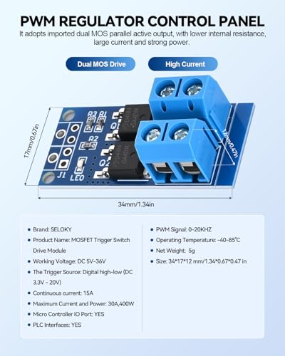 6PCS Dual High-Power MOSFET Trigger Switch Drive Module 0-20KHz PWM Adjustment Electronic Switch Control Board Motor Speed Controller Lamp Brightness Control, DC 5V-36V 400W, 15A (Max 30A) - style: 6PCS