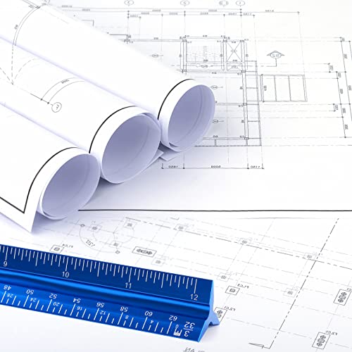 12" Architectural Scale Ruler, Aluminum Scale, Triangular Ruler, Scale Ruler for Blueprint Imperial Measurements for Architects Engineering Artists, Draftsman Drawing, Laser-Etched Markings.(Blue) - color: blue