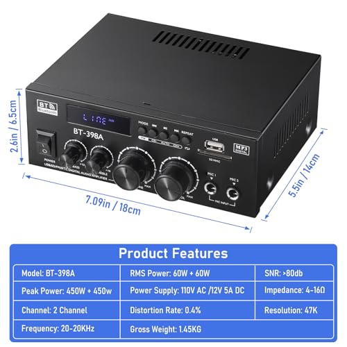 Facmogu BT-398A Stereo Audio Amplifier, 2 Channel 450W Home Power Amplifier - style: MAX 450Wx2