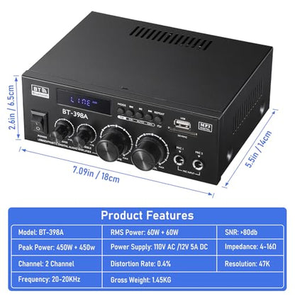 Facmogu BT-398A Stereo Audio Amplifier, 2 Channel 450W Home Power Amplifier - style: MAX 450Wx2