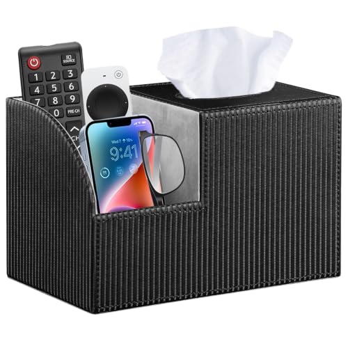 PU Leather Square Tissue Box Cover - Multi-Functional Tissue Box Holder - color: Black Rome
