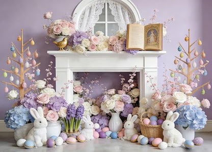 7x5FT Easter Backdrop Pastel Purple Floral Wall with Bunny Easter Eggs Background for Spring Themed Baby Birthday Shower Party Decor Vinyl