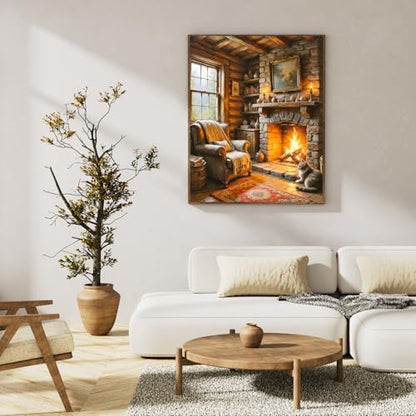 Paint by Numbers Kit for Adults, Cozy Fireplace & Rustic Cabin, 16x20 Inch - color: HMOP251002