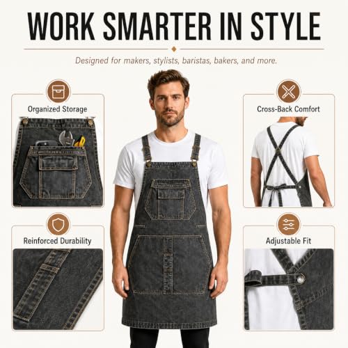 Denim Apron, Waist Apron with Pockets and Adjustable Long Ties - color: Black, size: Large
