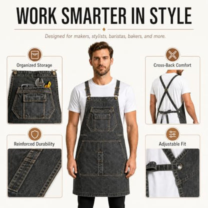 Denim Apron, Waist Apron with Pockets and Adjustable Long Ties - color: Black, size: Large