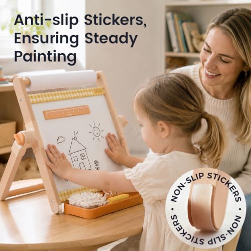 Tiny Land Tabletop Kids Art Easel, 5-Level Magnetic Drawing Board - color: Oatmeal